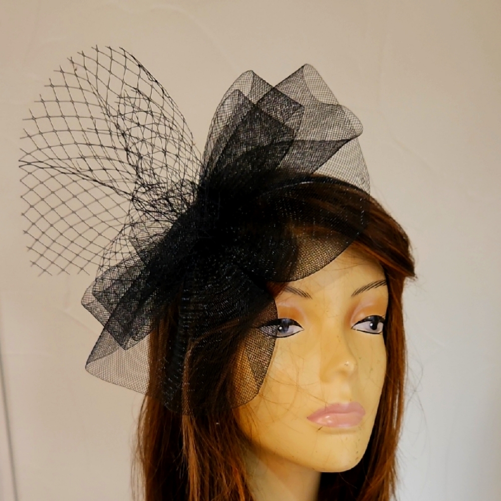Black Netting Veil ‎ Large Fascinator Headband Derby Church Tea